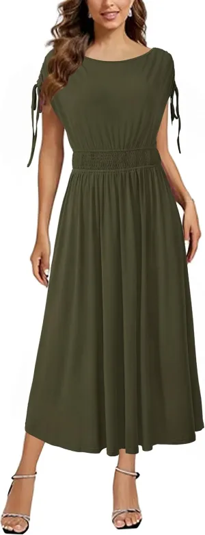 Newshows Womens 2025 Summer Drawstring Cap Sleeve Boat Neck Smocked Casual Vacation Outfits Vestidos Midi Dress