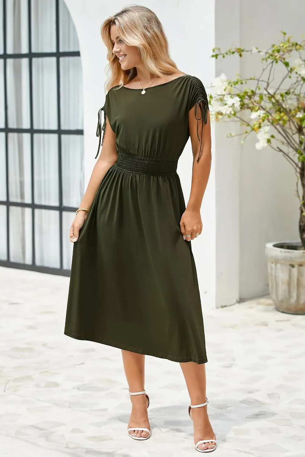 Newshows Womens 2025 Summer Drawstring Cap Sleeve Boat Neck Smocked Casual Vacation Outfits Vestidos Midi Dress