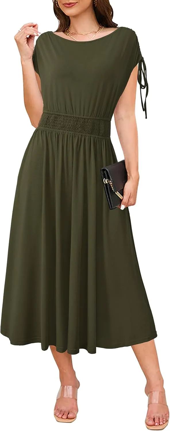 Newshows Womens 2025 Summer Drawstring Cap Sleeve Boat Neck Smocked Casual Vacation Outfits Vestidos Midi Dress