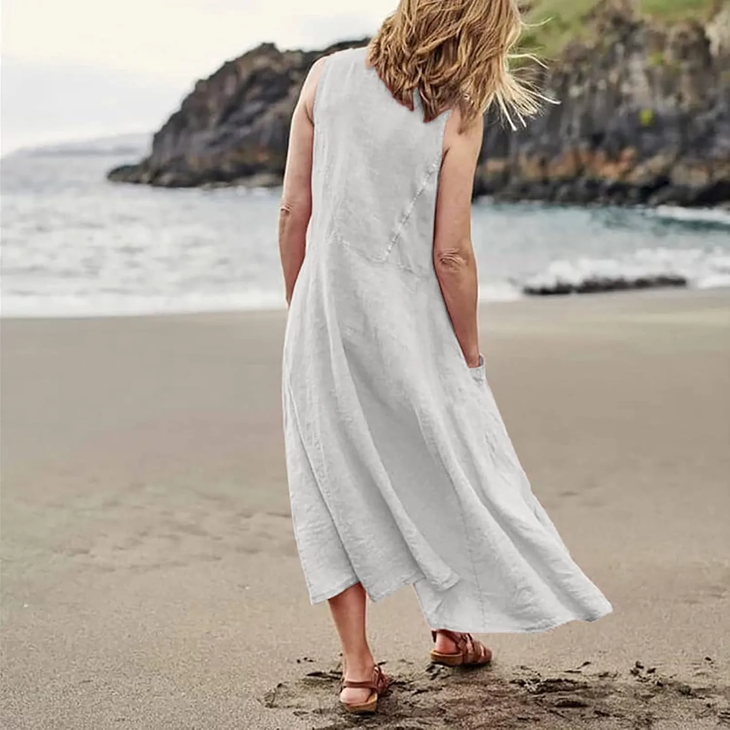 Plus Size Cotton Linen Summer Dresses for Curvy Women 2025 Sleeveless Maxi Vacation Beach Sundresses with Pockets