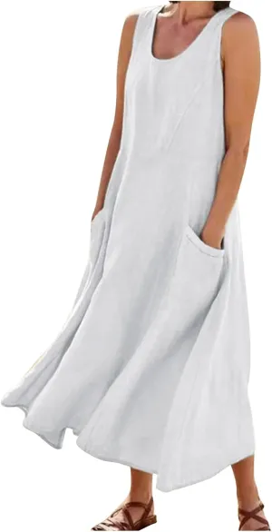 Plus Size Cotton Linen Summer Dresses for Curvy Women 2025 Sleeveless Maxi Vacation Beach Sundresses with Pockets