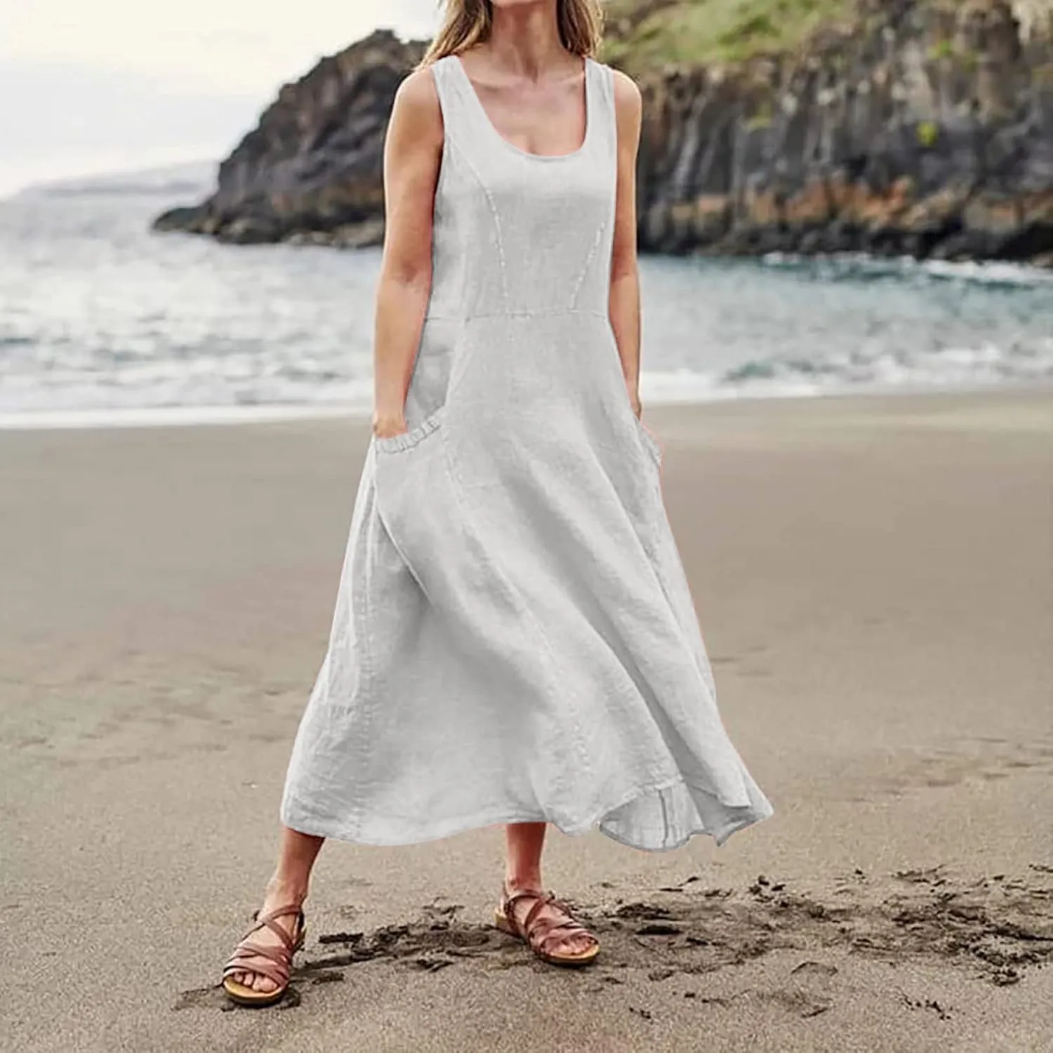 Plus Size Cotton Linen Summer Dresses for Curvy Women 2025 Sleeveless Maxi Vacation Beach Sundresses with Pockets
