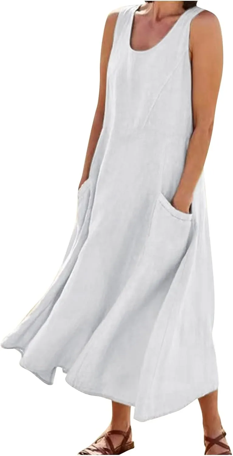 Plus Size Cotton Linen Summer Dresses for Curvy Women 2025 Sleeveless Maxi Vacation Beach Sundresses with Pockets