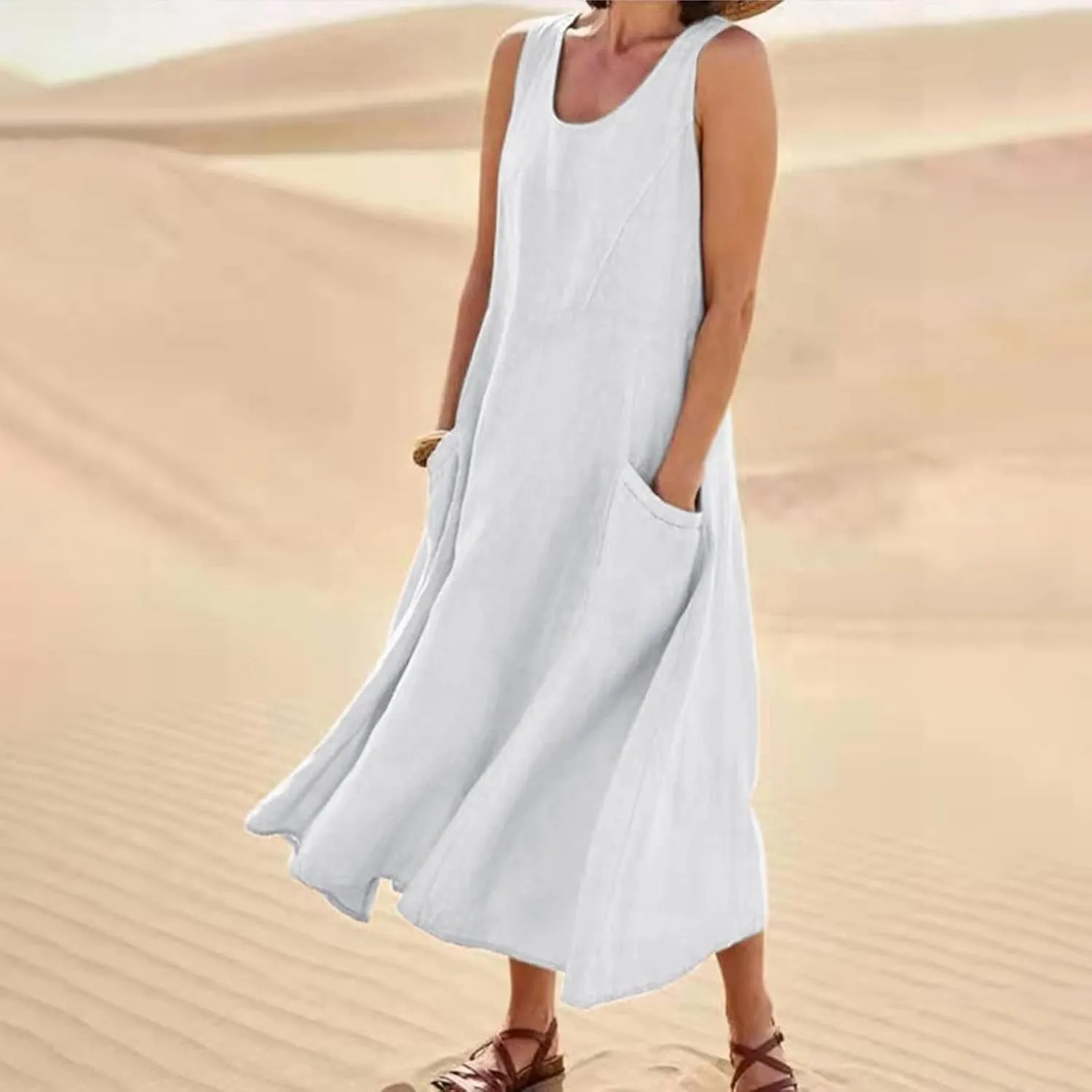 Plus Size Cotton Linen Summer Dresses for Curvy Women 2025 Sleeveless Maxi Vacation Beach Sundresses with Pockets