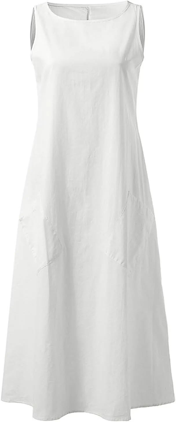Rvidbe Women Summer Casual Cotton Linen Sleeveless Maxi Dress Crew Neck Vacation Beach Flowy Long Tank Sundress with Pockets
