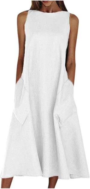 Rvidbe Women Summer Casual Cotton Linen Sleeveless Maxi Dress Crew Neck Vacation Beach Flowy Long Tank Sundress with Pockets
