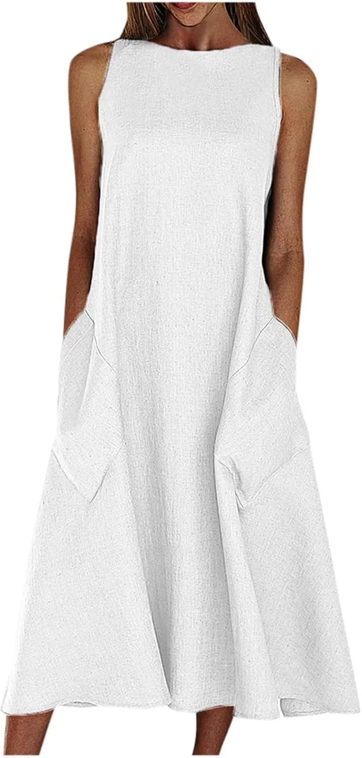 Rvidbe Women Summer Casual Cotton Linen Sleeveless Maxi Dress Crew Neck Vacation Beach Flowy Long Tank Sundress with Pockets