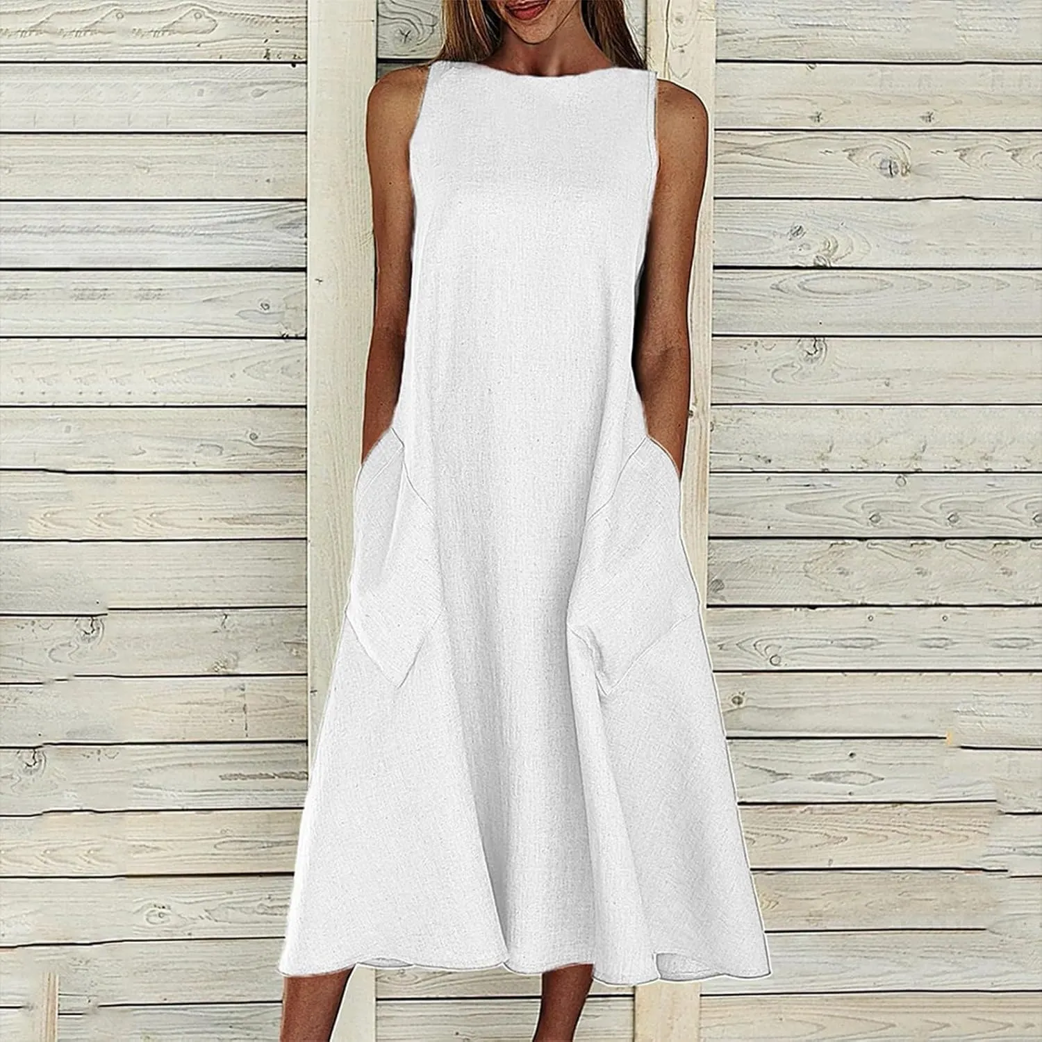 Rvidbe Women Summer Casual Cotton Linen Sleeveless Maxi Dress Crew Neck Vacation Beach Flowy Long Tank Sundress with Pockets