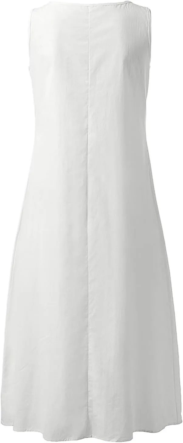 Rvidbe Women Summer Casual Cotton Linen Sleeveless Maxi Dress Crew Neck Vacation Beach Flowy Long Tank Sundress with Pockets