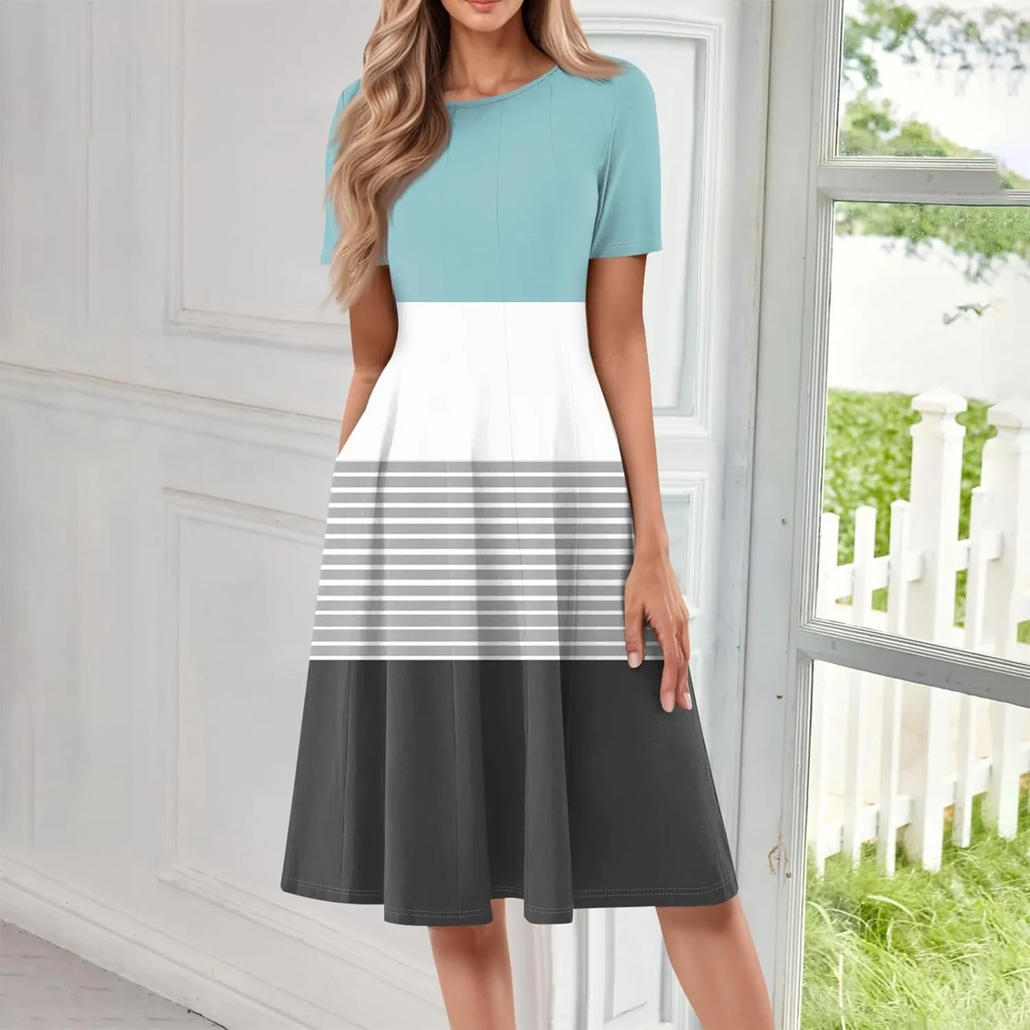 Summer Dresses for Women Flowy Casual Midi Dresses Aline Beach Tshirt Dress Floral Short Sleeve Dress with Pockets