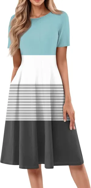 Summer Dresses for Women Flowy Casual Midi Dresses Aline Beach Tshirt Dress Floral Short Sleeve Dress with Pockets