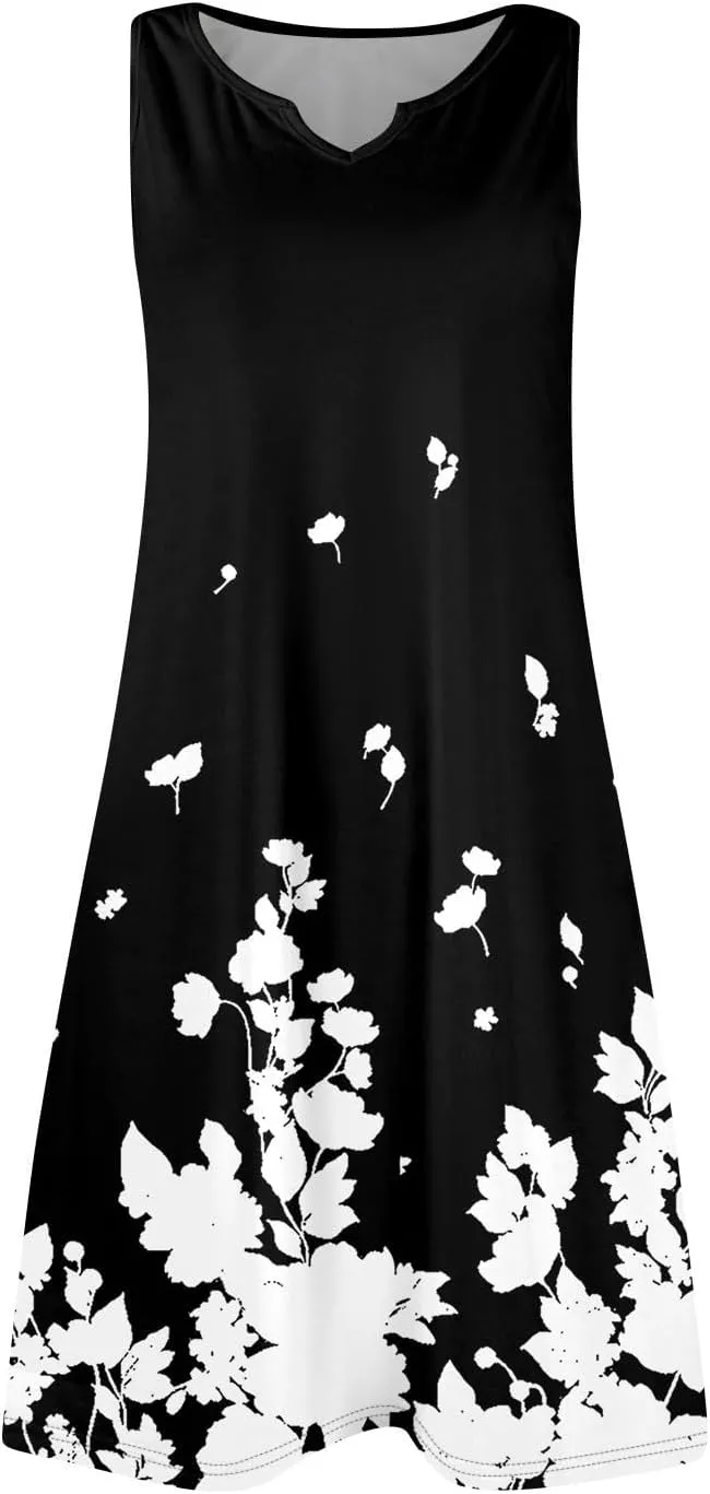 Summer Dresses for Women V-Neck Sundresses Sleeveless Loose Sleep Dress Beach Tank Dress Floral Casual T Shirt Dresses