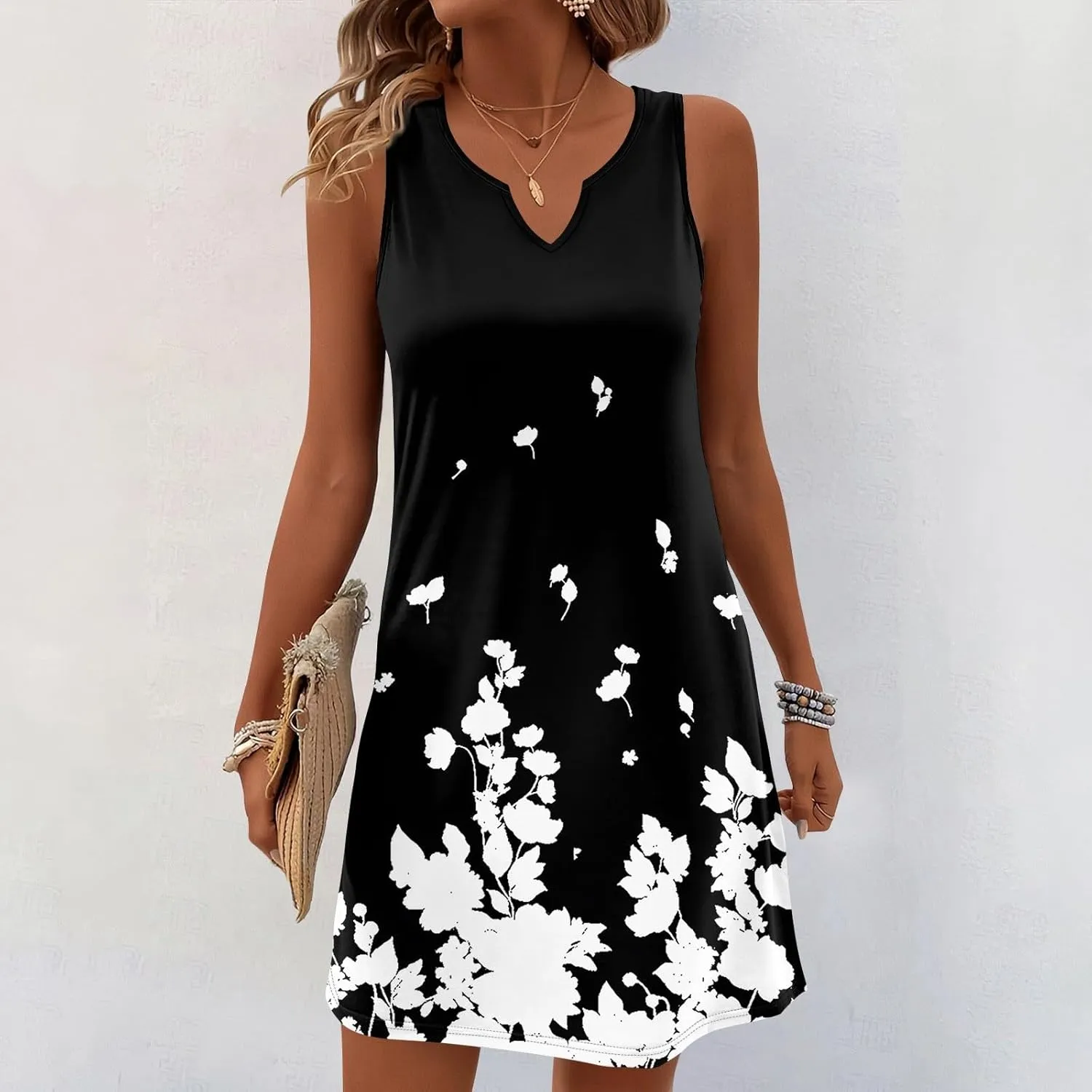Summer Dresses for Women V-Neck Sundresses Sleeveless Loose Sleep Dress Beach Tank Dress Floral Casual T Shirt Dresses