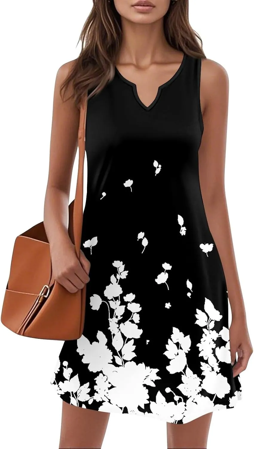 Summer Dresses for Women V-Neck Sundresses Sleeveless Loose Sleep Dress Beach Tank Dress Floral Casual T Shirt Dresses