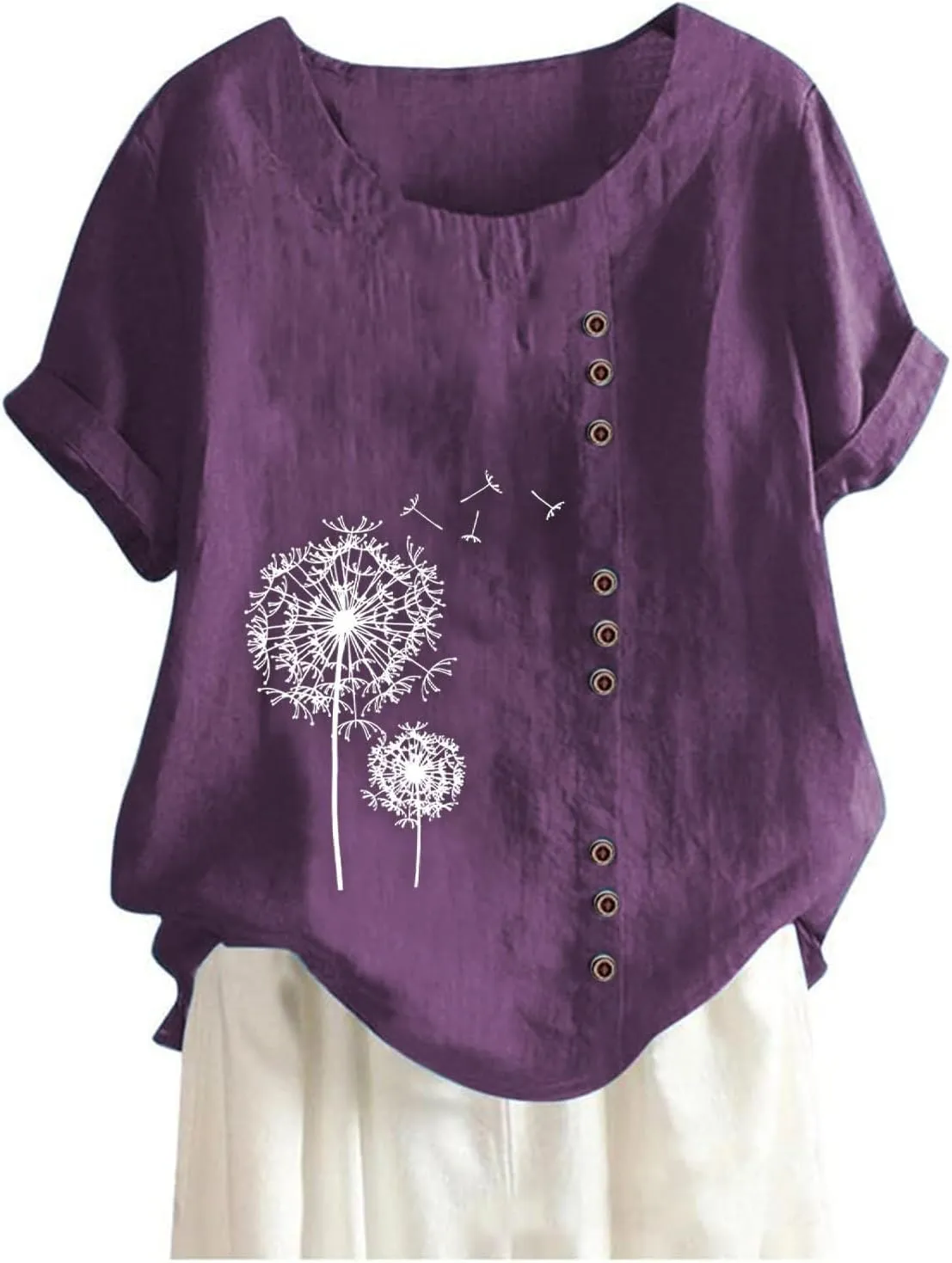 Summer Linen Shirt Women's - Floral Stitch Detail & Button Closure, Relaxed Fit Casual Tee, Moisture-Wicking