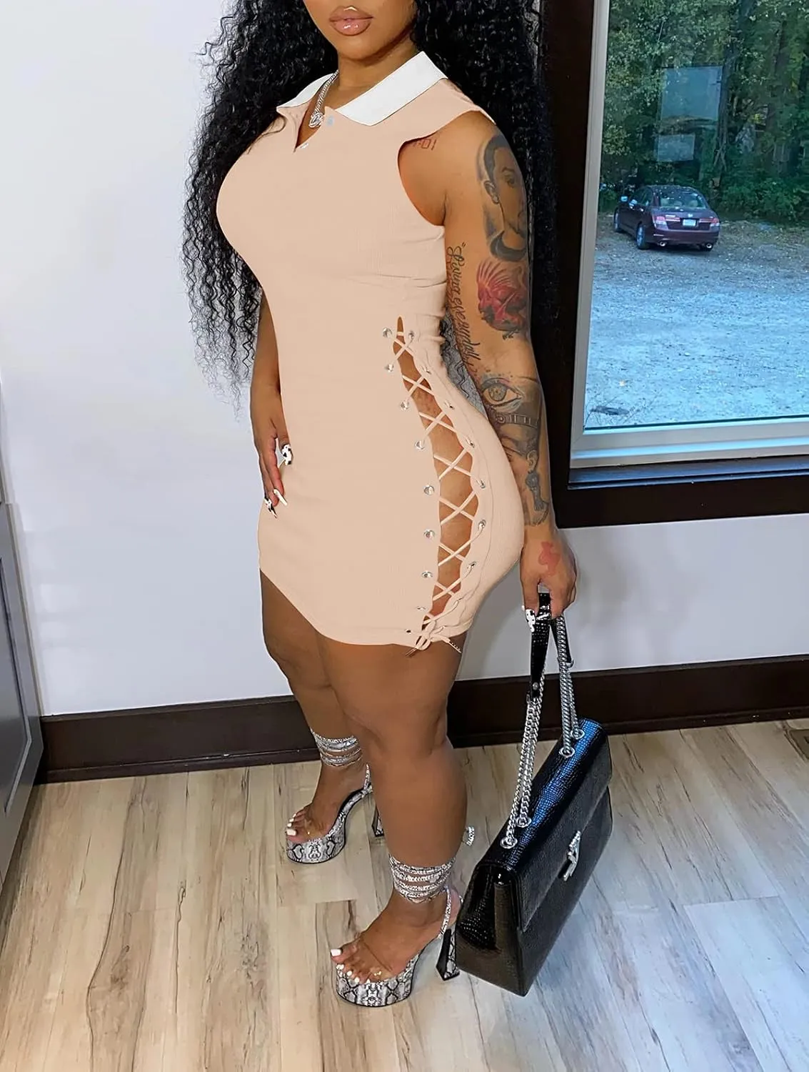 TOPSRANI Womens Bodycon Mini Dress Casual Short Summer Lace Up Drawstring Cutout Sleeveless Solid Night Club Party Sexy