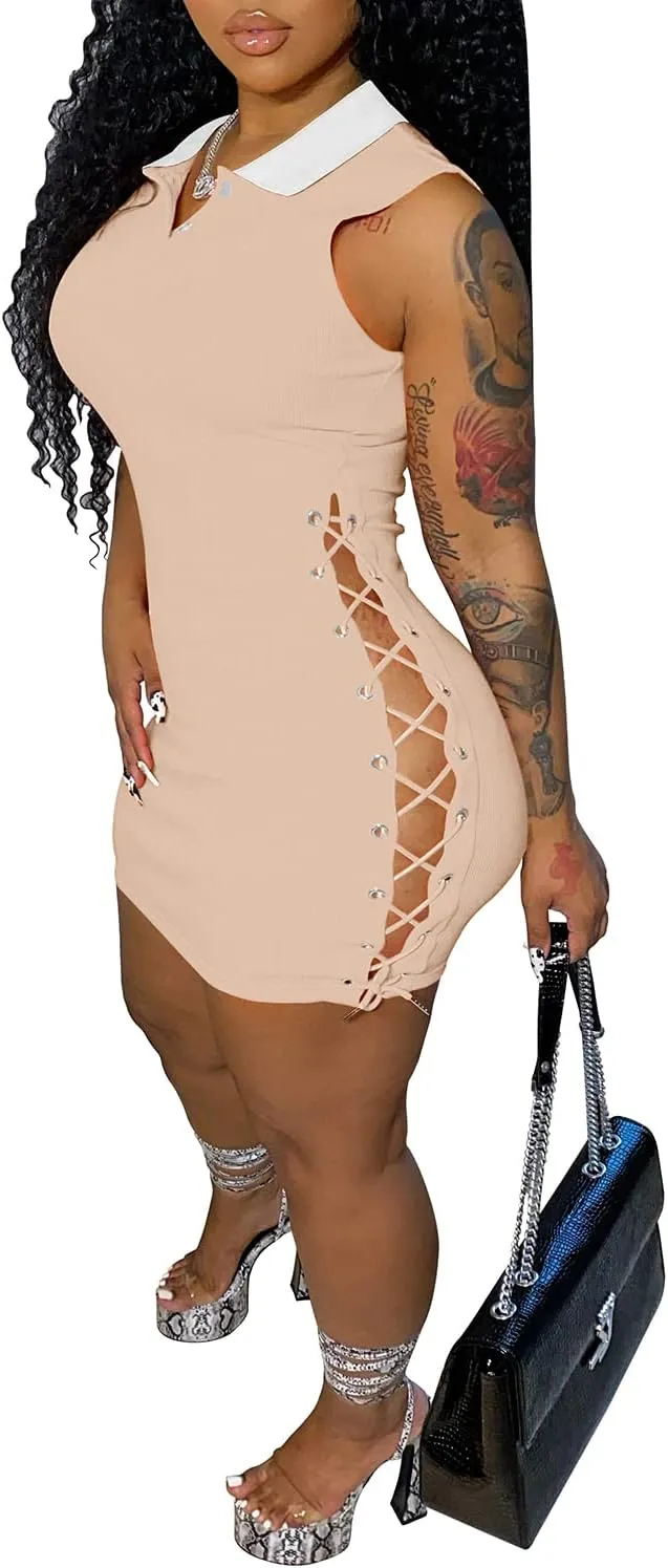 TOPSRANI Womens Bodycon Mini Dress Casual Short Summer Lace Up Drawstring Cutout Sleeveless Solid Night Club Party Sexy