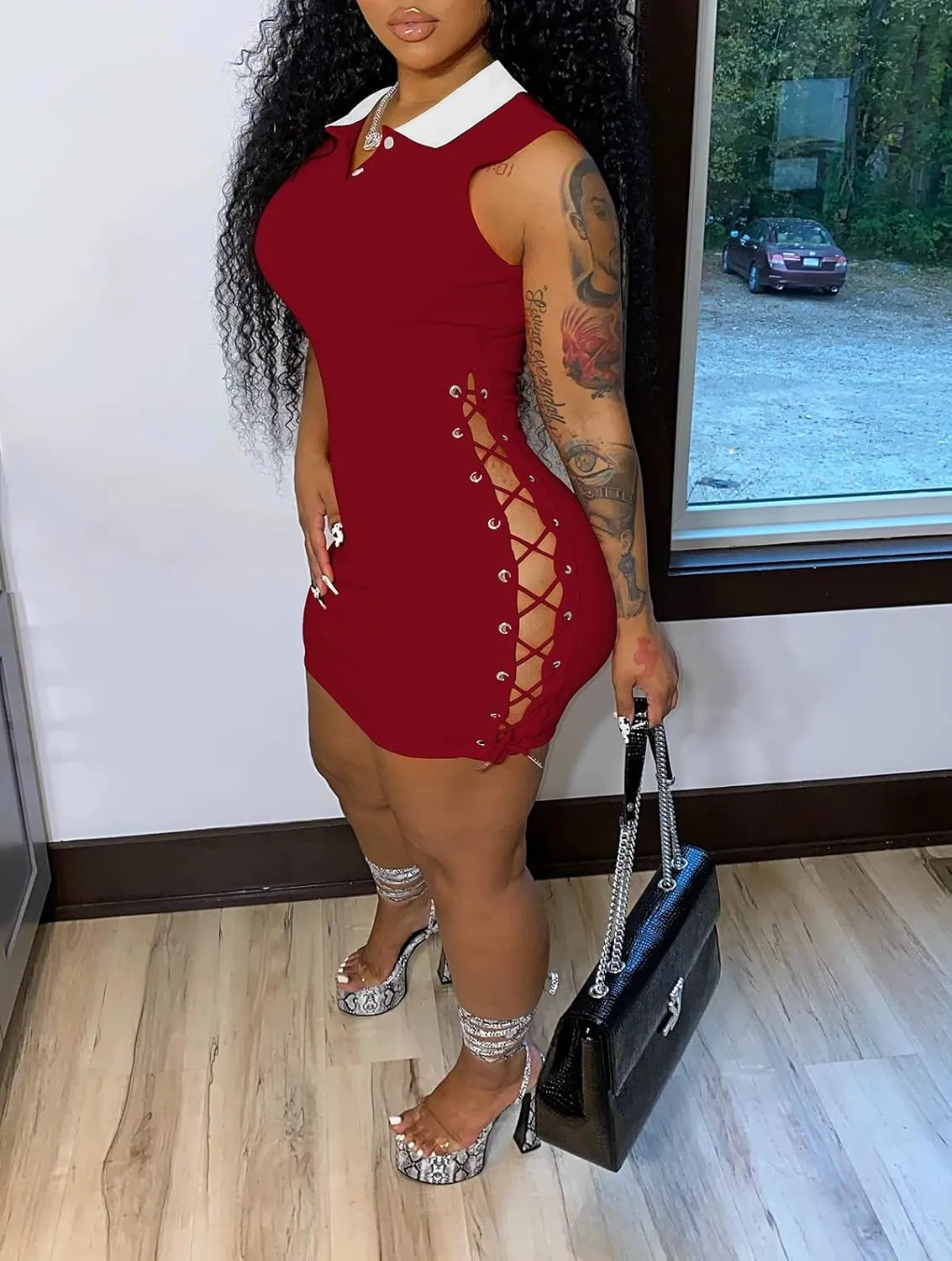 TOPSRANI Womens Bodycon Mini Dress Casual Short Summer Lace Up Drawstring Cutout Sleeveless Solid Night Club Party Sexy
