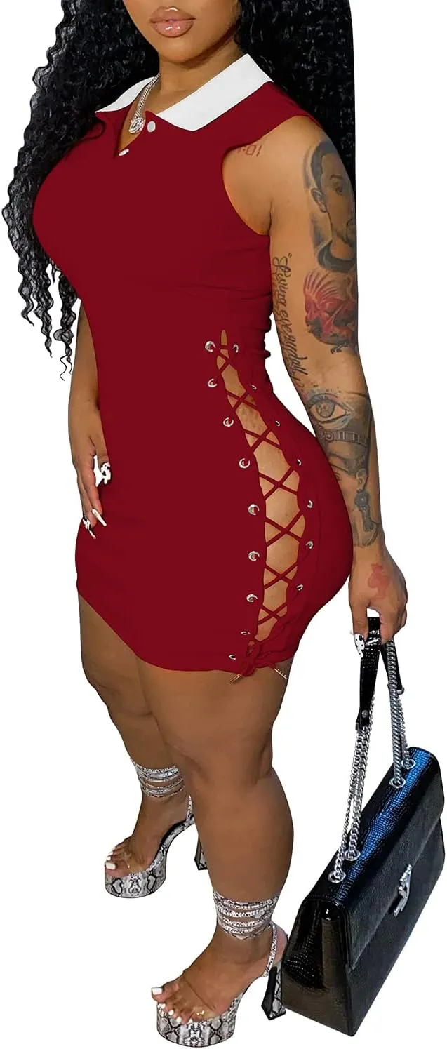 TOPSRANI Womens Bodycon Mini Dress Casual Short Summer Lace Up Drawstring Cutout Sleeveless Solid Night Club Party Sexy