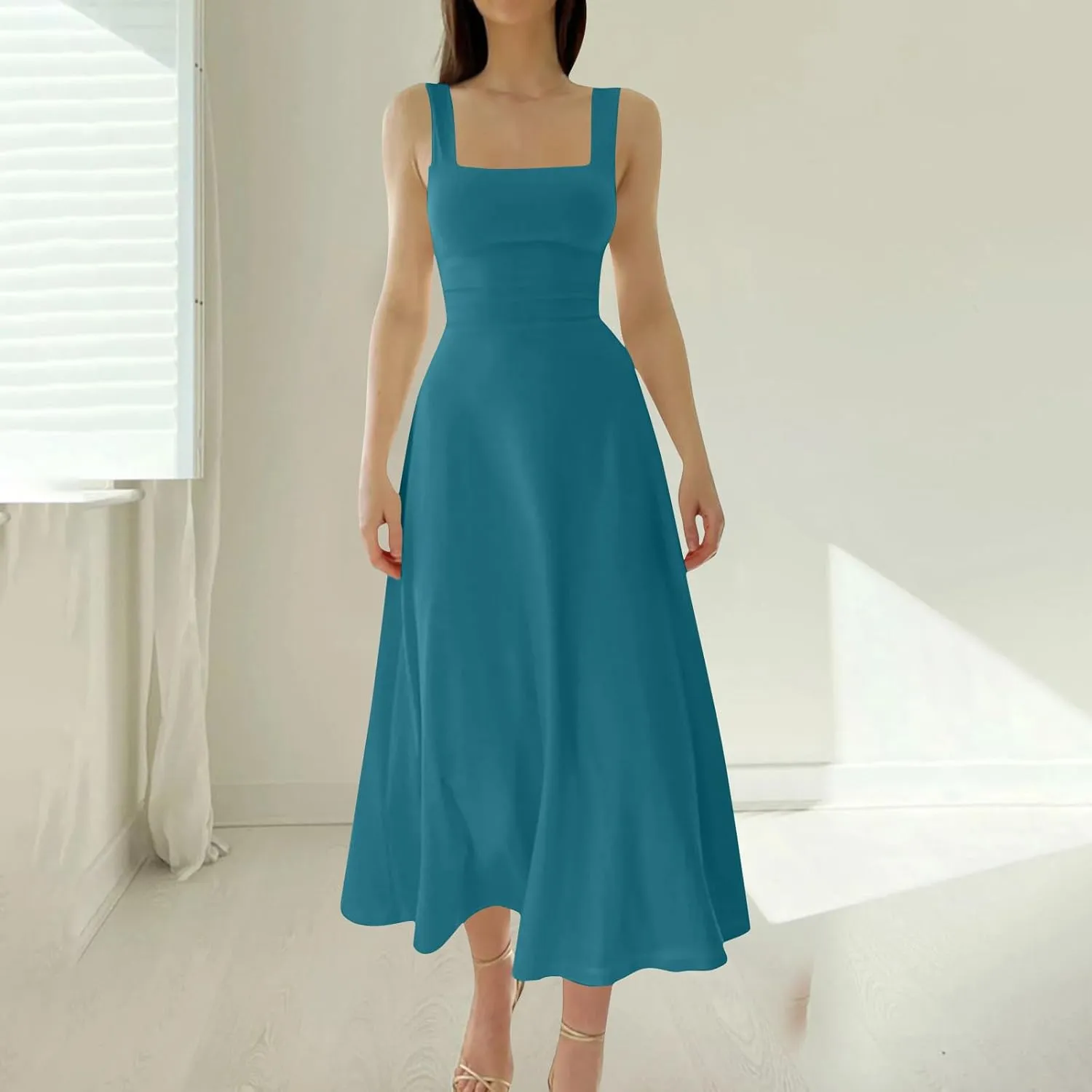 Wedding Guest Dresses for Women Square Neck Sleeveless Flowy Tank Dress Back Drawstring Cocktail Party Midi Dress