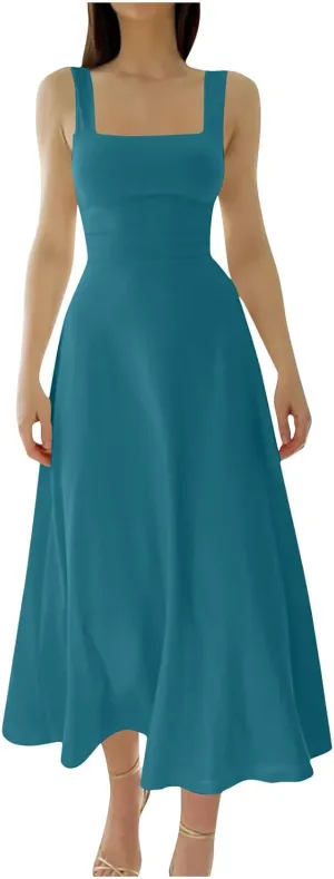 Wedding Guest Dresses for Women Square Neck Sleeveless Flowy Tank Dress Back Drawstring Cocktail Party Midi Dress