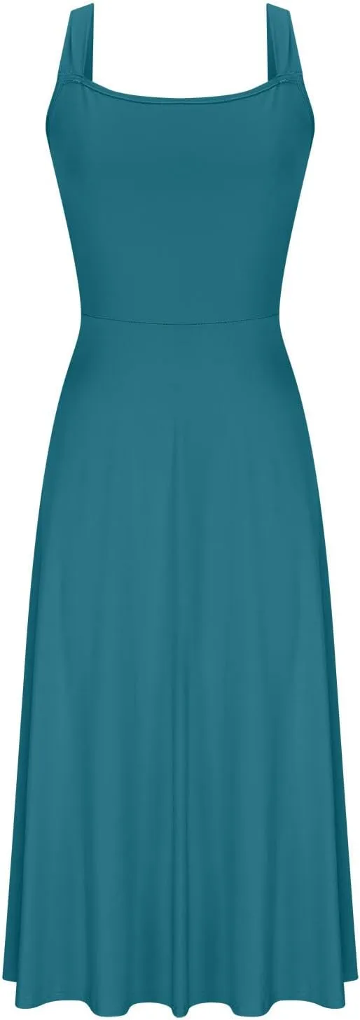 Wedding Guest Dresses for Women Square Neck Sleeveless Flowy Tank Dress Back Drawstring Cocktail Party Midi Dress