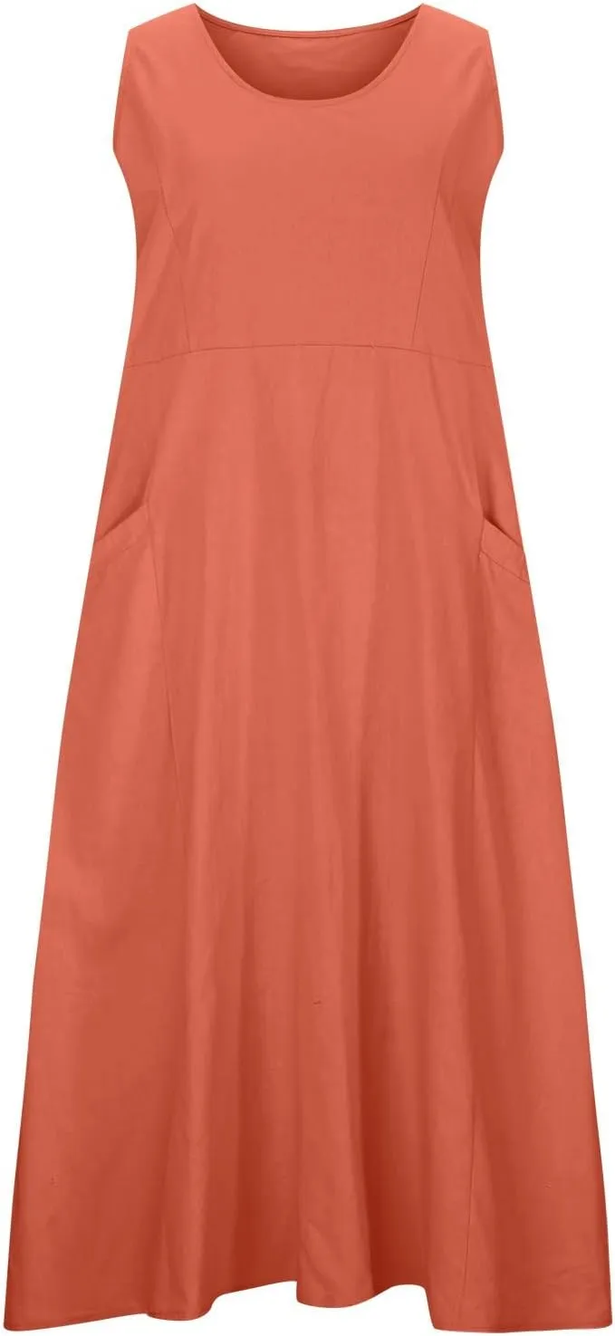 Women Cotton Linen Dresses 2024 Boho Casual Summer Maxi Dress Sleeveless Long Sundress Trendy Beach Vacation Clothing