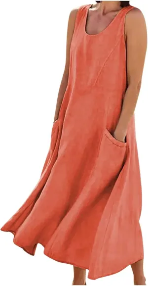 Women Cotton Linen Dresses 2024 Boho Casual Summer Maxi Dress Sleeveless Long Sundress Trendy Beach Vacation Clothing