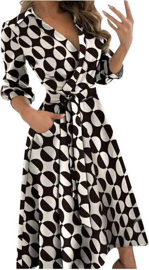 Women's 3/4 Sleeve Spring Summer Dress Wide Collar V Neck Faux Wrap Aline Casual Short Sleeve Work Dresses