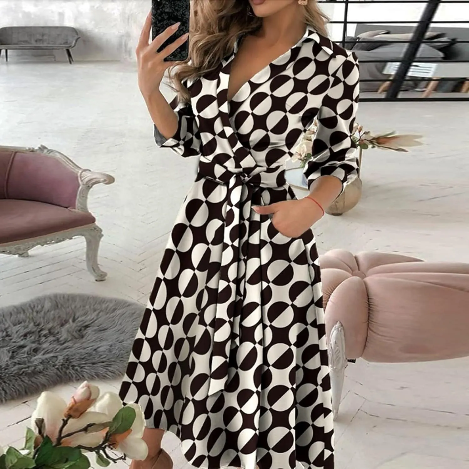 Women's 3/4 Sleeve Spring Summer Dress Wide Collar V Neck Faux Wrap Aline Casual Short Sleeve Work Dresses