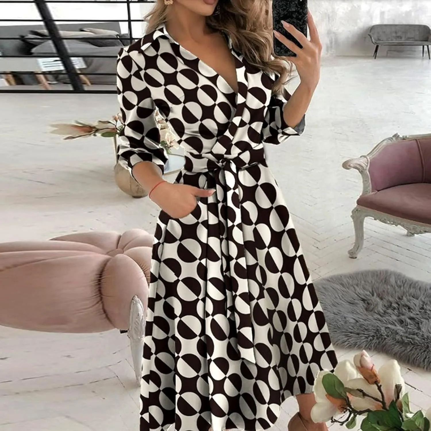 Women's 3/4 Sleeve Spring Summer Dress Wide Collar V Neck Faux Wrap Aline Casual Short Sleeve Work Dresses