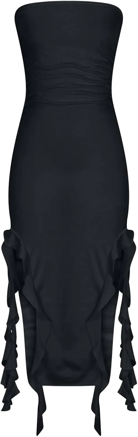 Women's Bodycon Tube Dress Sexy Strapless Y2K Ruffle Split Midi Dresses Irregular Hem Flowy Summer Party Sundress