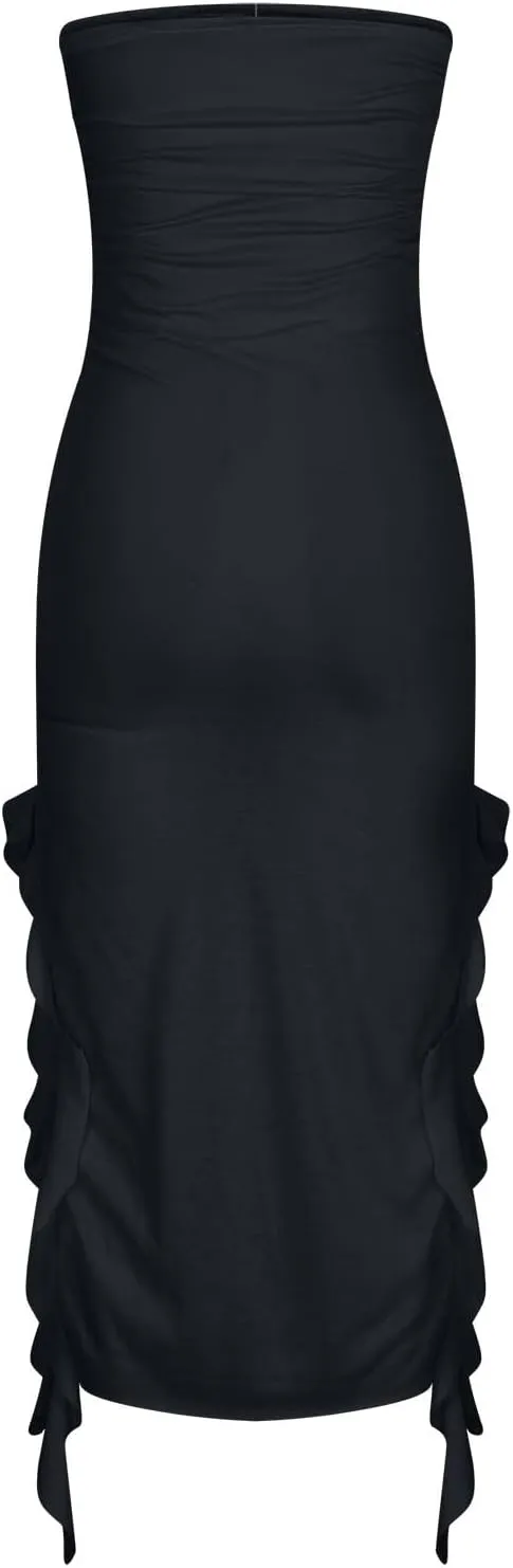 Women's Bodycon Tube Dress Sexy Strapless Y2K Ruffle Split Midi Dresses Irregular Hem Flowy Summer Party Sundress