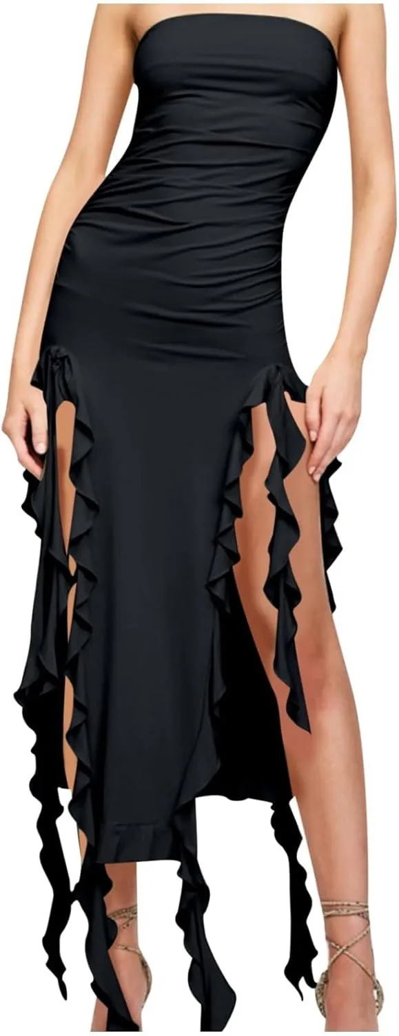 Women's Bodycon Tube Dress Sexy Strapless Y2K Ruffle Split Midi Dresses Irregular Hem Flowy Summer Party Sundress