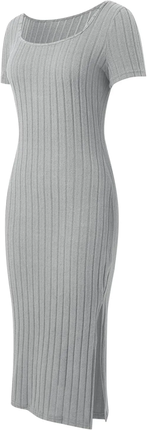 Women's Casual Square Neck Ribbed Maxi Dress Stretchy Summer Long Bodycon Knit Dress with Side Slit for Daily