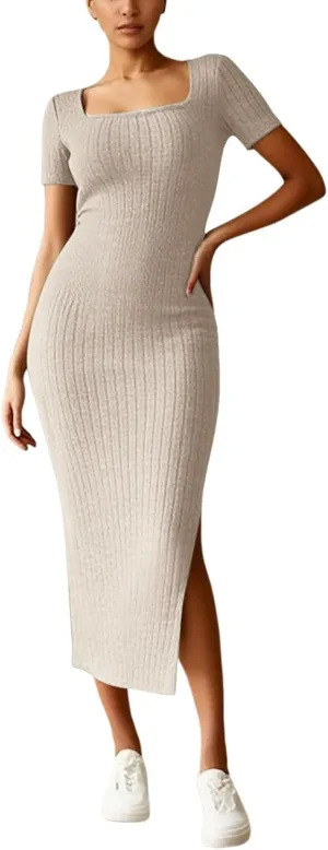 Women's Casual Square Neck Ribbed Maxi Dress Stretchy Summer Long Bodycon Knit Dress with Side Slit for Daily