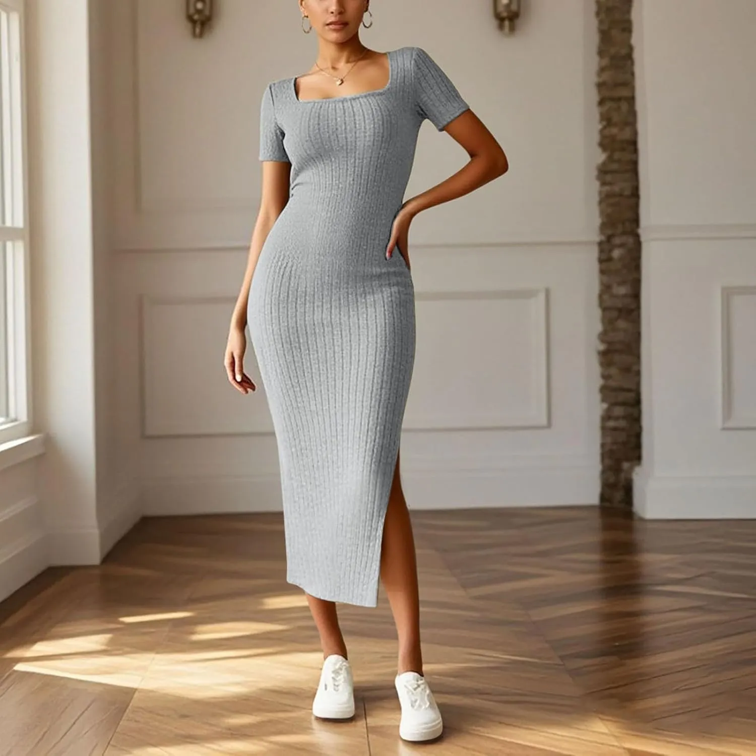 Women's Casual Square Neck Ribbed Maxi Dress Stretchy Summer Long Bodycon Knit Dress with Side Slit for Daily