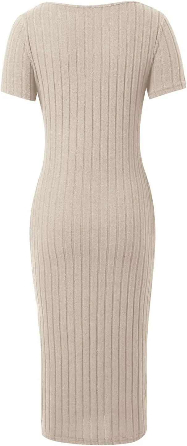 Women's Casual Square Neck Ribbed Maxi Dress Stretchy Summer Long Bodycon Knit Dress with Side Slit for Daily