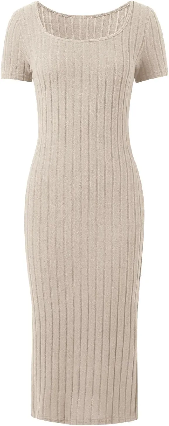 Women's Casual Square Neck Ribbed Maxi Dress Stretchy Summer Long Bodycon Knit Dress with Side Slit for Daily