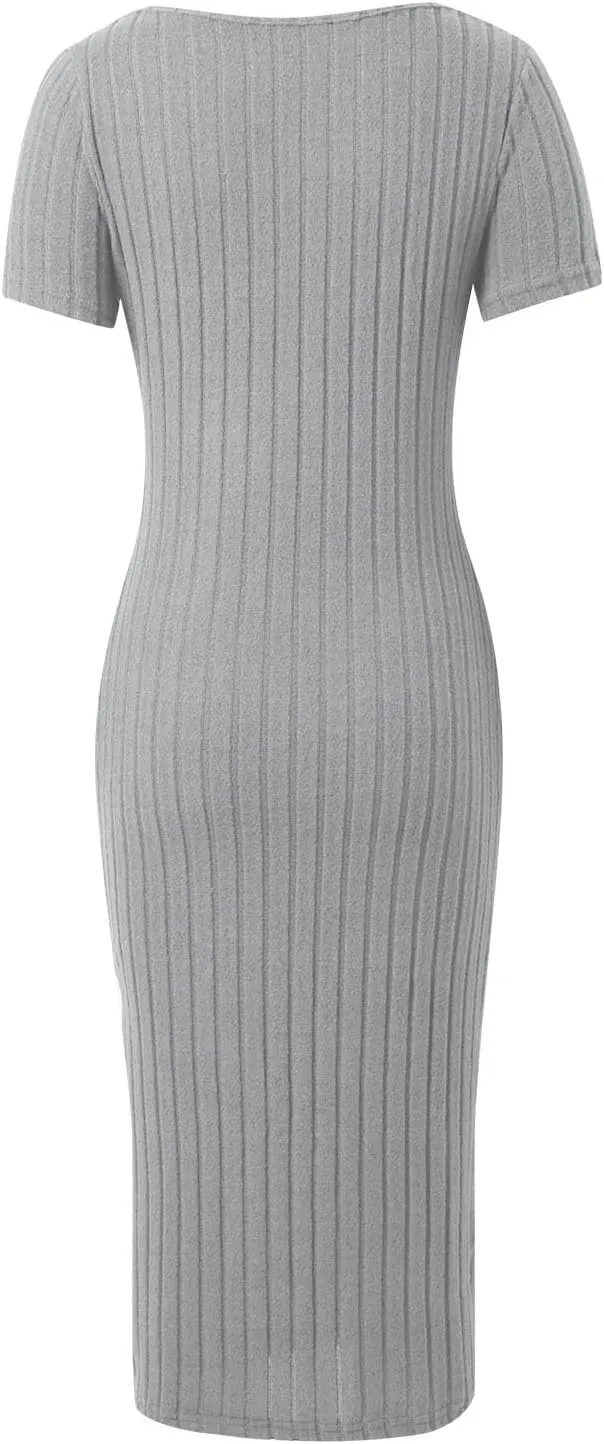 Women's Casual Square Neck Ribbed Maxi Dress Stretchy Summer Long Bodycon Knit Dress with Side Slit for Daily