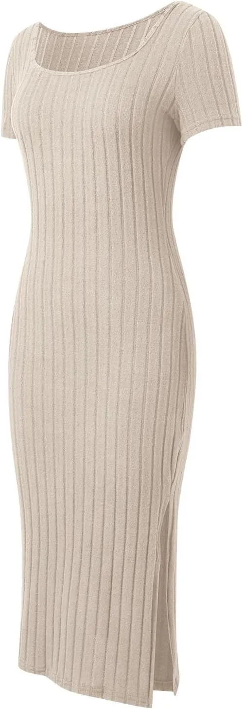 Women's Casual Square Neck Ribbed Maxi Dress Stretchy Summer Long Bodycon Knit Dress with Side Slit for Daily