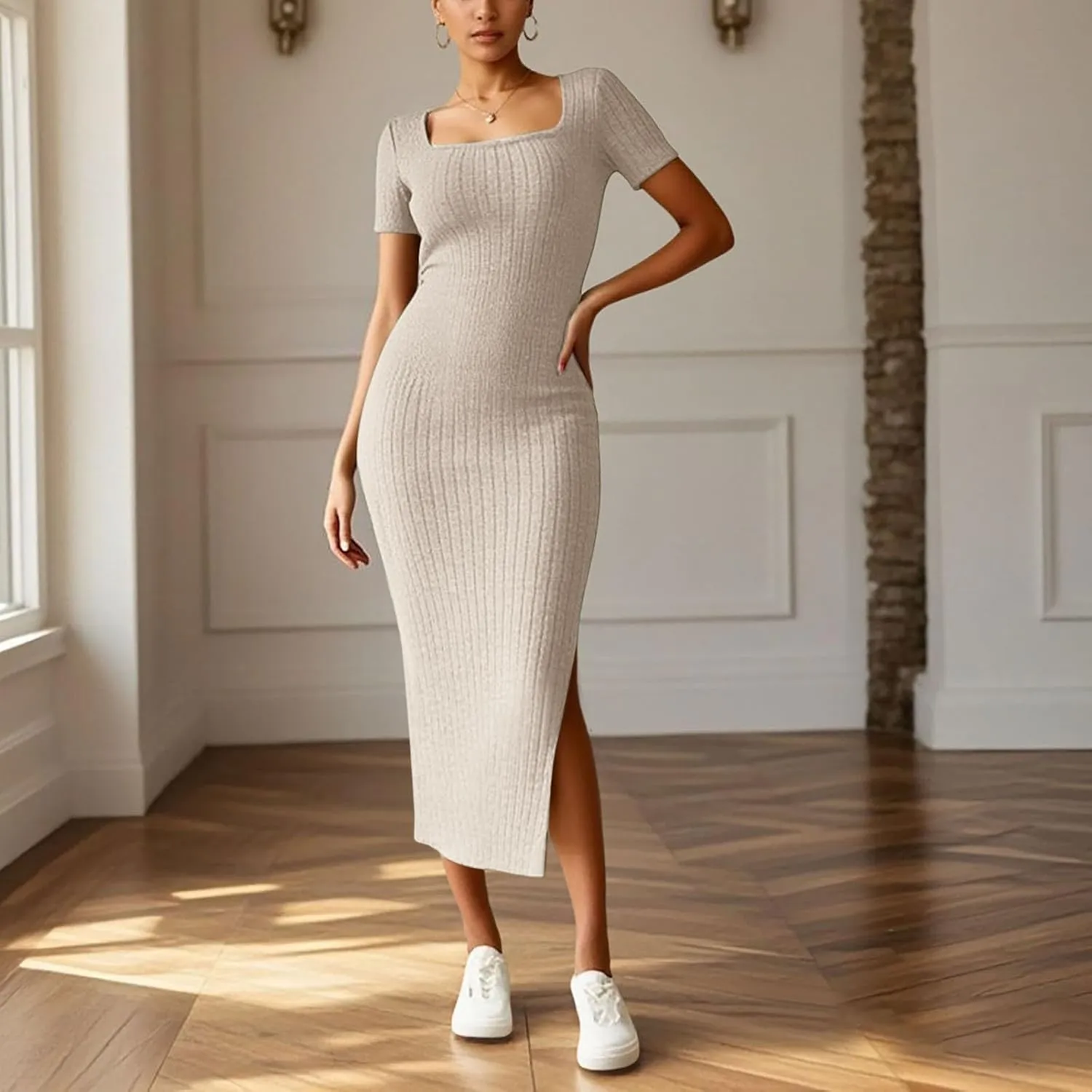 Women's Casual Square Neck Ribbed Maxi Dress Stretchy Summer Long Bodycon Knit Dress with Side Slit for Daily