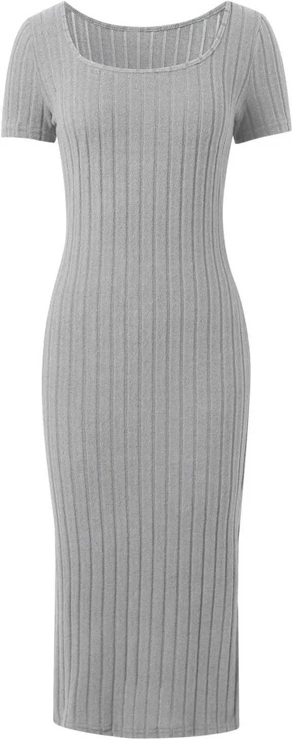 Women's Casual Square Neck Ribbed Maxi Dress Stretchy Summer Long Bodycon Knit Dress with Side Slit for Daily