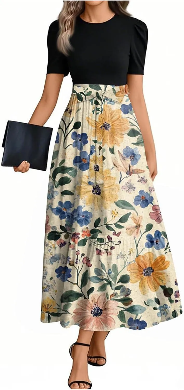 Women's Floral Summer Maxi Dresses Boho Tie Belted Patchwork Empire Waist Short Sleeve Ruffle Flowy Long Dress