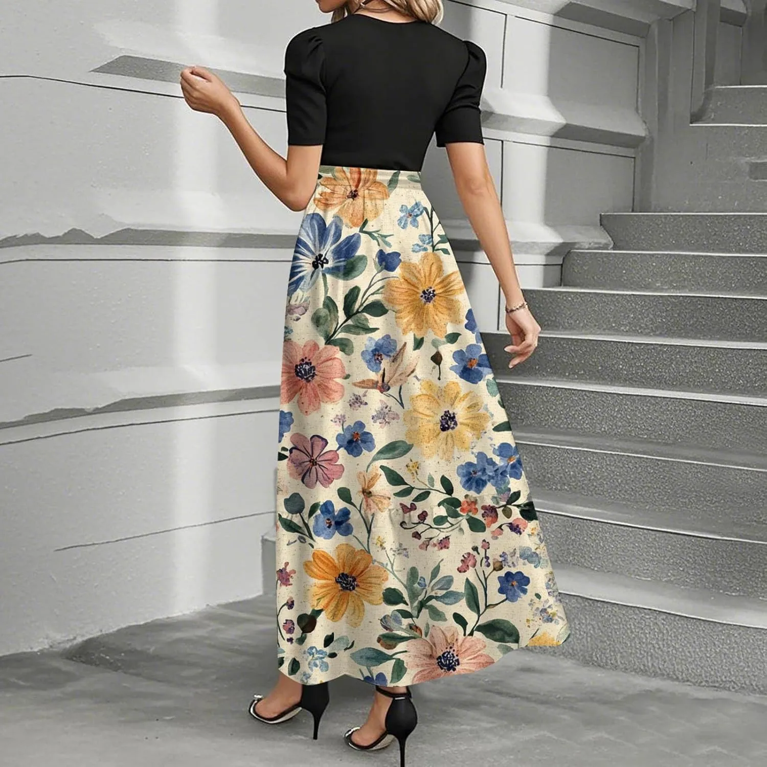 Women's Floral Summer Maxi Dresses Boho Tie Belted Patchwork Empire Waist Short Sleeve Ruffle Flowy Long Dress