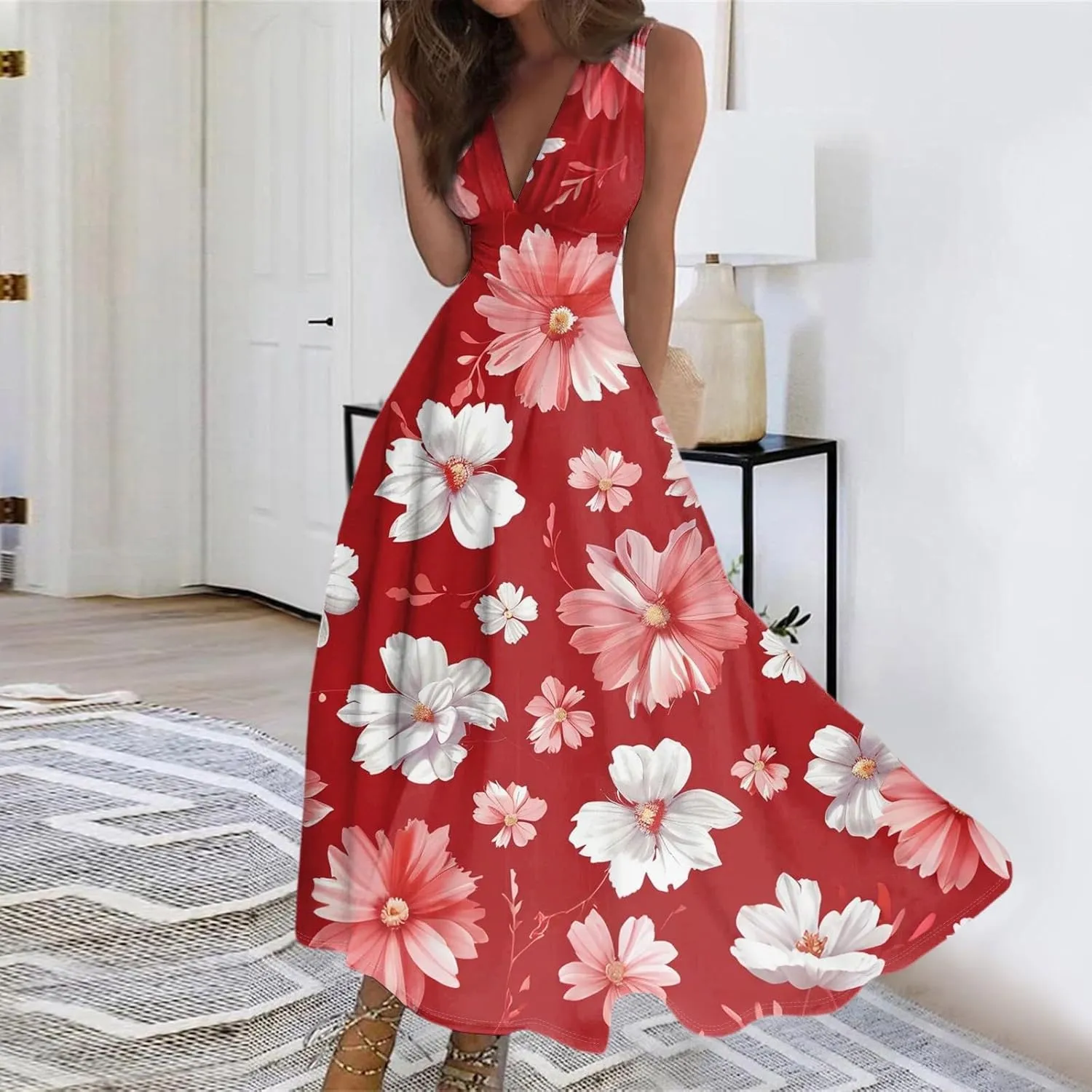 Women's Flowy Dresses Sleeveless V Neck Floral Empire Waist Beach Summer A Line Maxi Sundresses, S-2XL