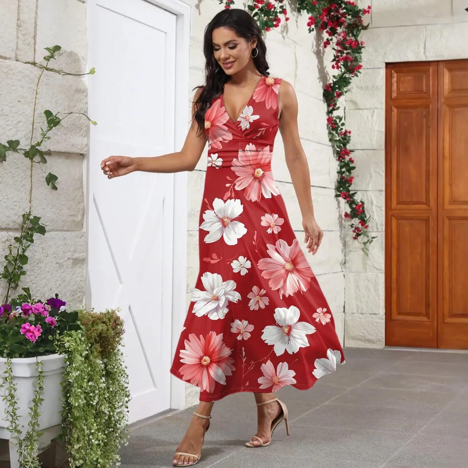 Women's Flowy Dresses Sleeveless V Neck Floral Empire Waist Beach Summer A Line Maxi Sundresses, S-2XL