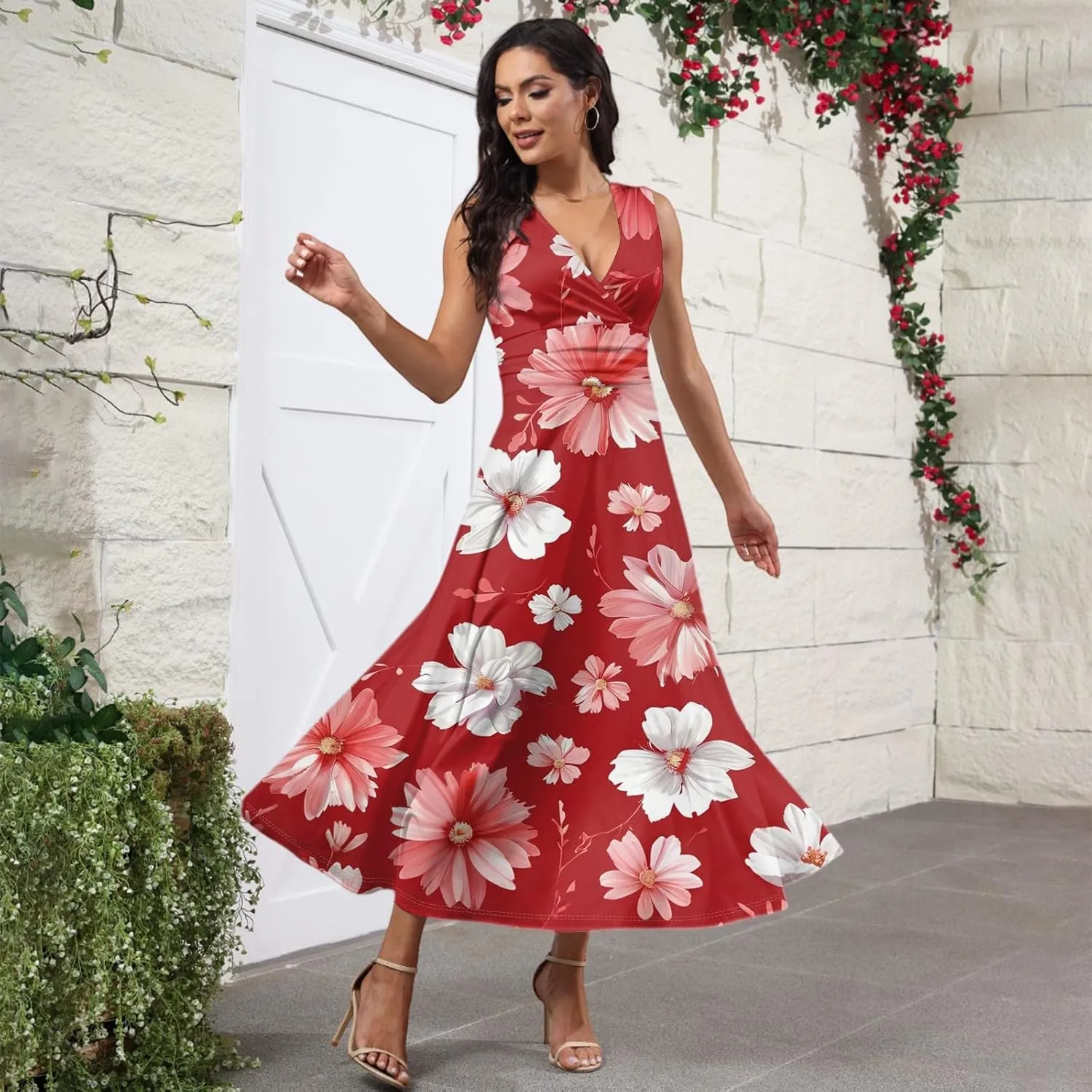 Women's Flowy Dresses Sleeveless V Neck Floral Empire Waist Beach Summer A Line Maxi Sundresses, S-2XL