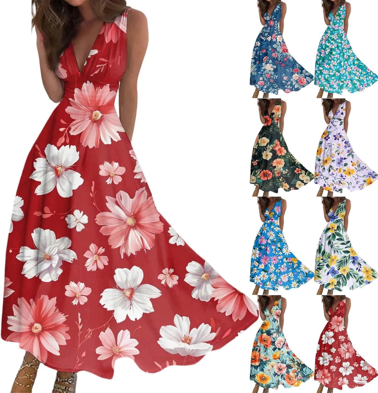 Women's Flowy Dresses Sleeveless V Neck Floral Empire Waist Beach Summer A Line Maxi Sundresses, S-2XL