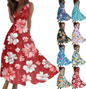 Women's Flowy Dresses Sleeveless V Neck Floral Empire Waist Beach Summer A Line Maxi Sundresses, S-2XL